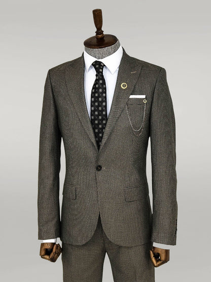 KOALA SYDNEY  Slim Fit Houndstooth Patterned 2 Piece Brown Men Suit -