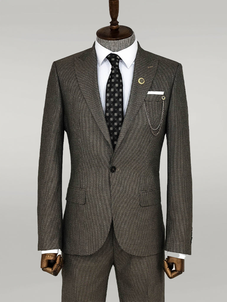 KOALA SYDNEY  Slim Fit Houndstooth Patterned 2 Piece Brown Men Suit -