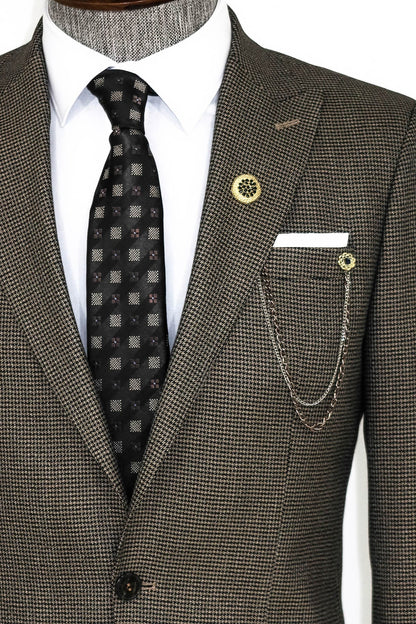 KOALA SYDNEY  Slim Fit Houndstooth Patterned 2 Piece Brown Men Suit -