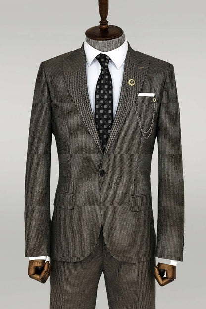 KOALA SYDNEY  Slim Fit Houndstooth Patterned 2 Piece Brown Men Suit -