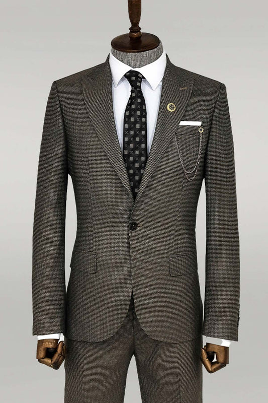 KOALA SYDNEY  Slim Fit Houndstooth Patterned 2 Piece Brown Men Suit -