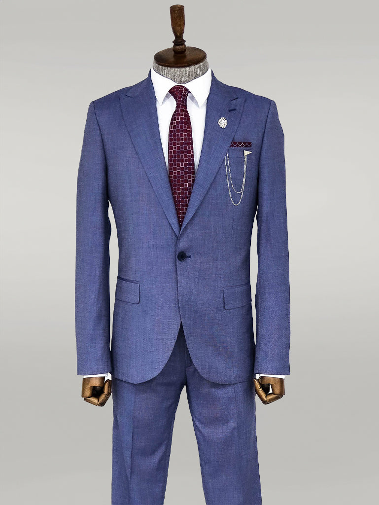Patterned Two Piece Blue Men Suit -