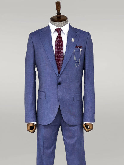 Patterned Two Piece Blue Men Suit -