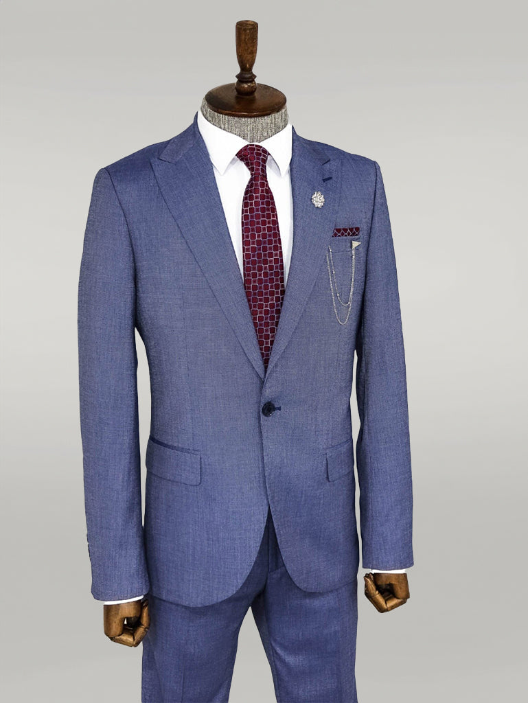 Patterned Two Piece Blue Men Suit -