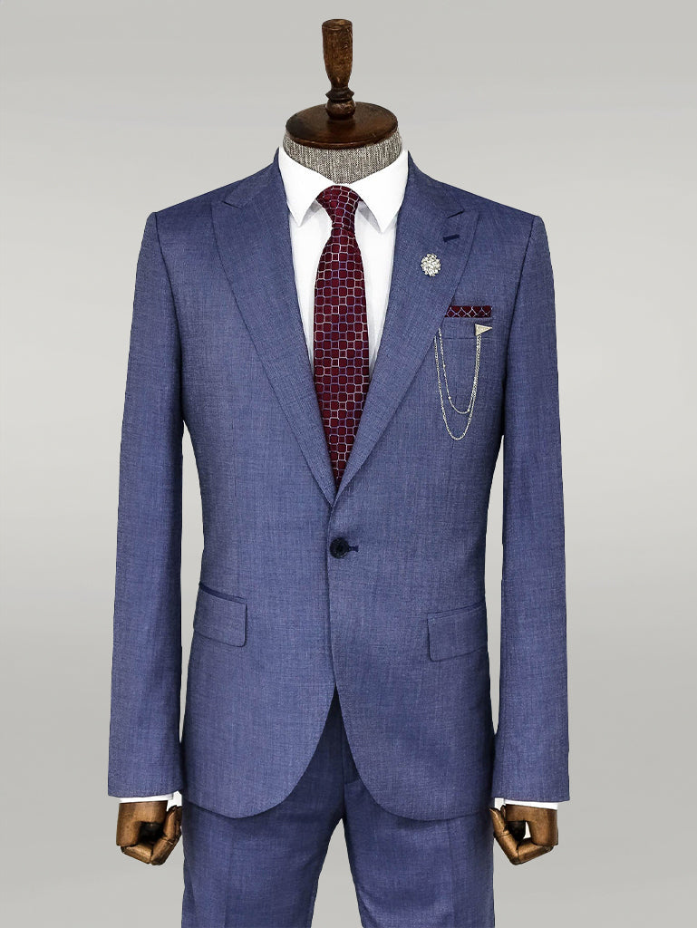 Patterned Two Piece Blue Men Suit -