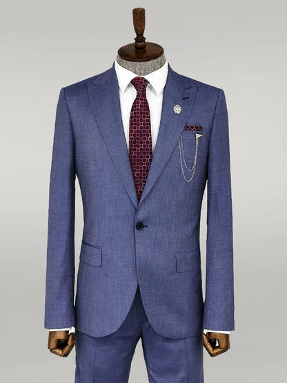 Patterned Two Piece Blue Men Suit -
