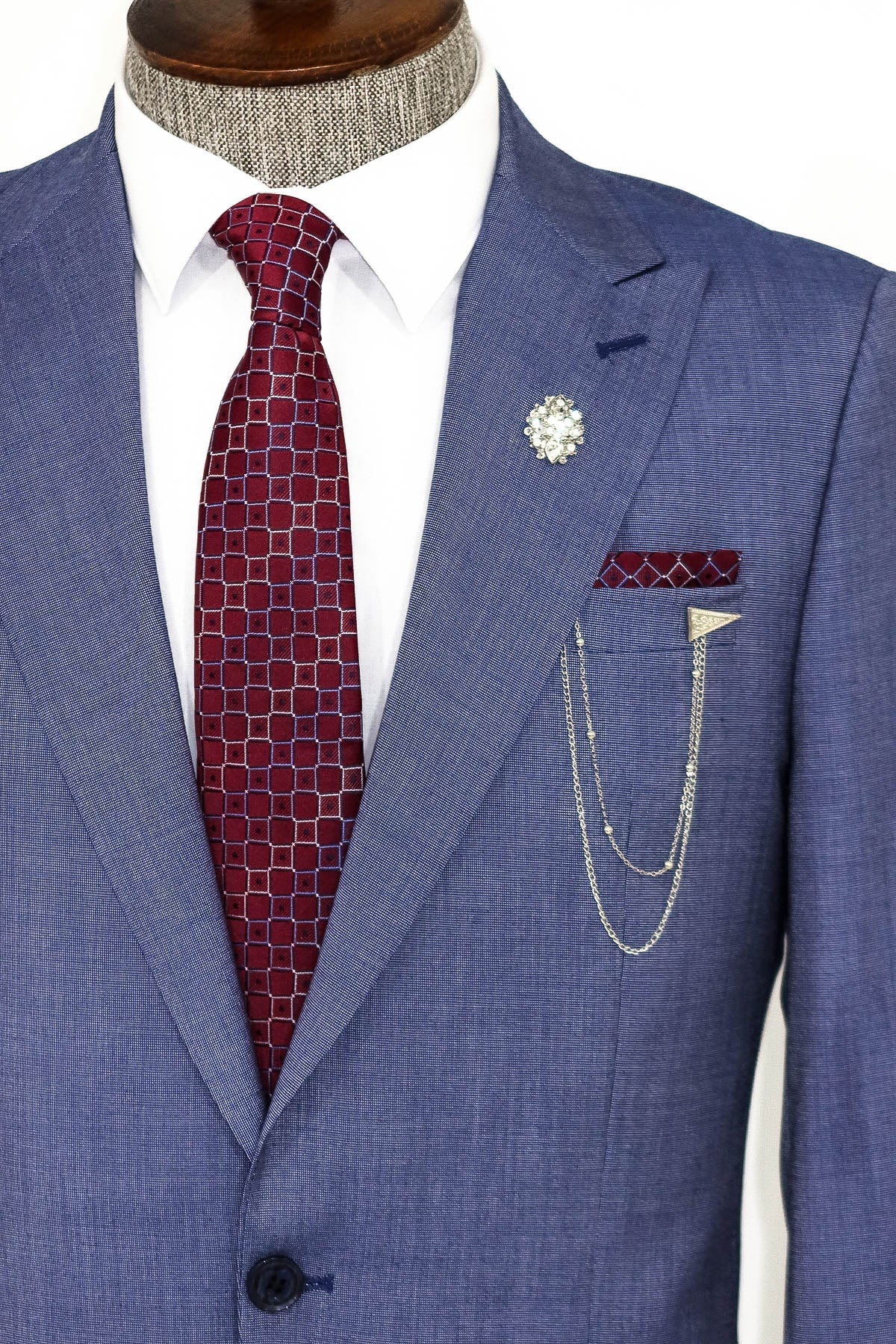 Patterned Two Piece Blue Men Suit -