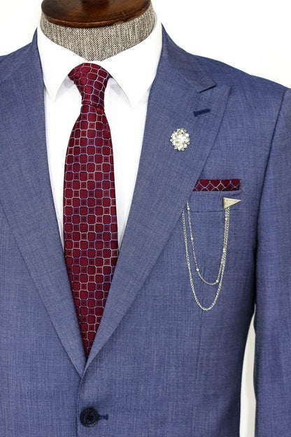 Patterned Two Piece Blue Men Suit -