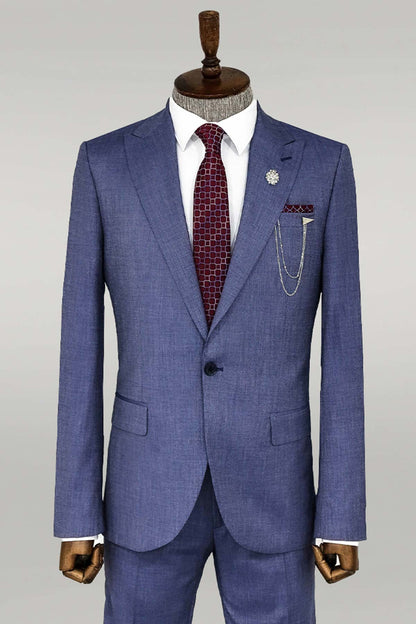 Patterned Two Piece Blue Men Suit -