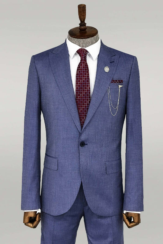 Patterned Two Piece Blue Men Suit -