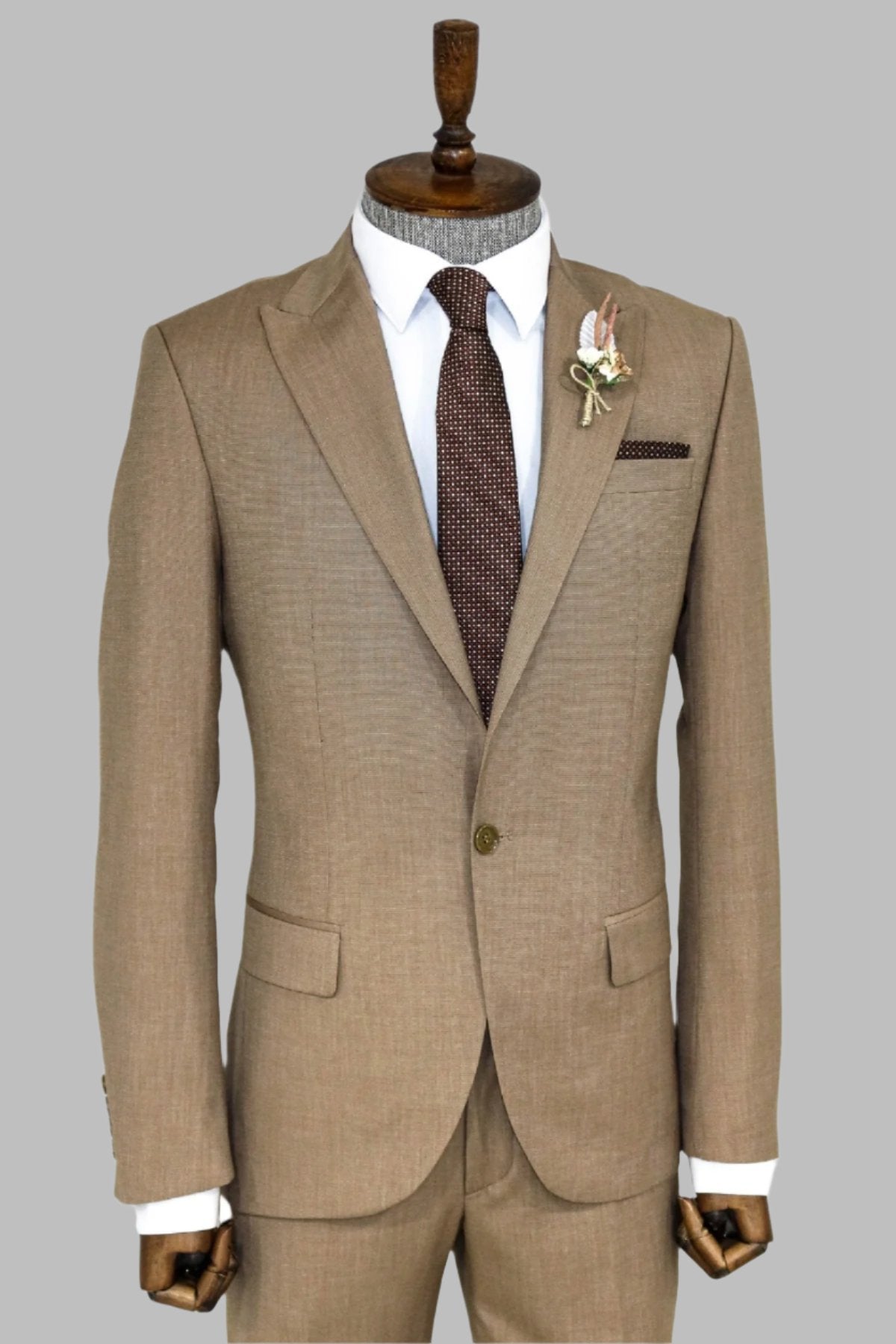 KOALA SYDNEY  2 Piece Patterned Slim Fit Dark Beige Men Suit -