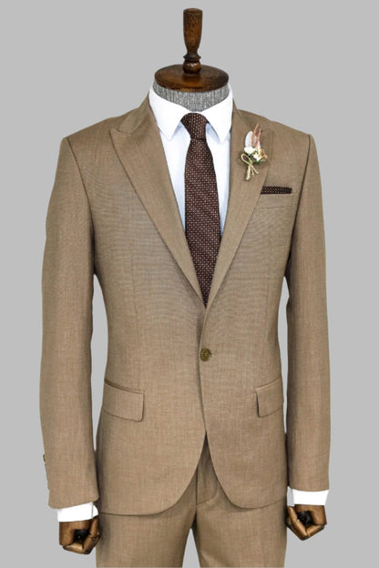 KOALA SYDNEY  2 Piece Patterned Slim Fit Dark Beige Men Suit -