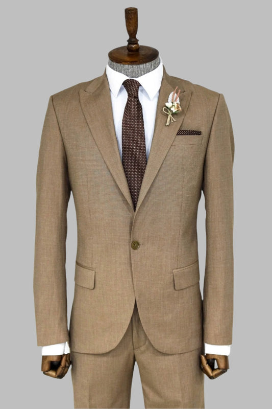 KOALA SYDNEY  2 Piece Patterned Slim Fit Dark Beige Men Suit -