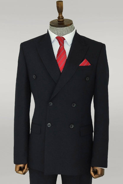 Wide Peak Lapel Patterned Double Breasted Black Men Suit
