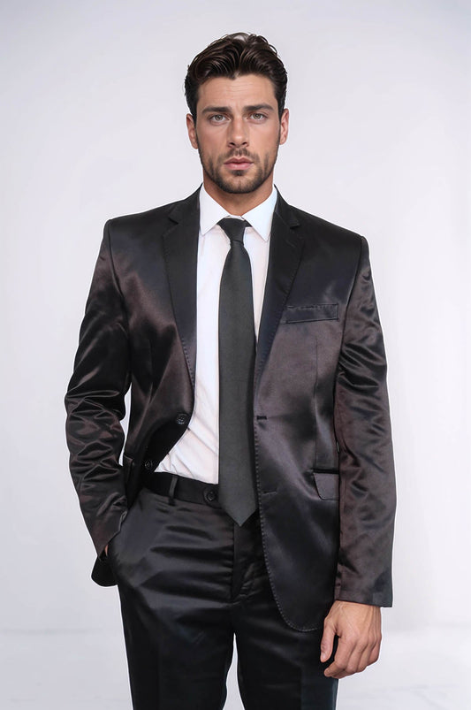 KOALA SYDNEY  Two Piece Two Buttons Modeled Lapel Satin Black Men Groom Suit