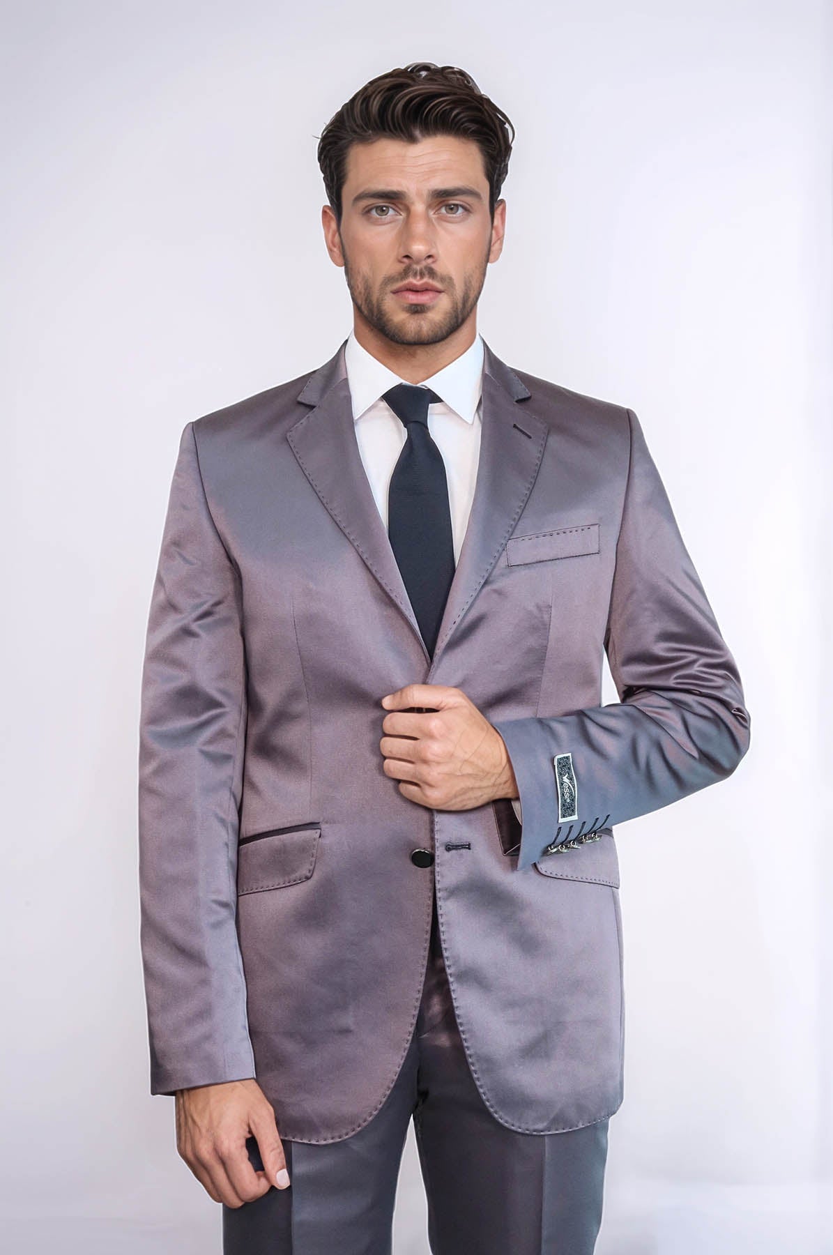 KOALA SYDNEY  Two Piece Two Buttons Modeled Lapel Satin Grey Men Groom Suit
