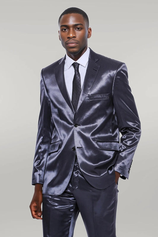 KOALA SYDNEY  Two Buttons Two Piece Slim Fit Satin Navy Blue Men Suit