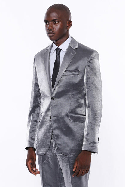 Two Buttons Two Piece Slim Fit Satin Grey Men Suit