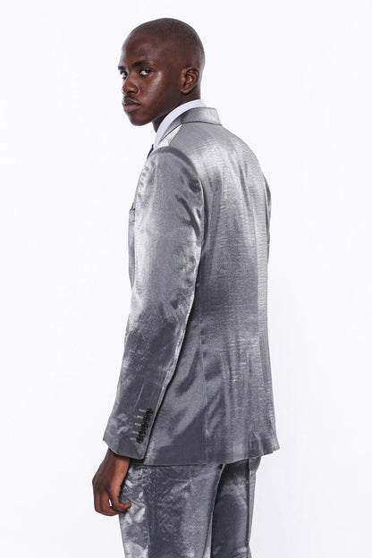 Two Buttons Two Piece Slim Fit Satin Grey Men Suit