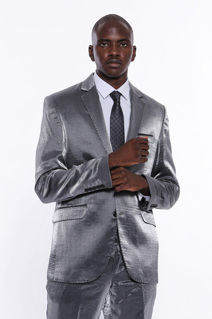 Two Buttons Two Piece Slim Fit Satin Grey Men Suit