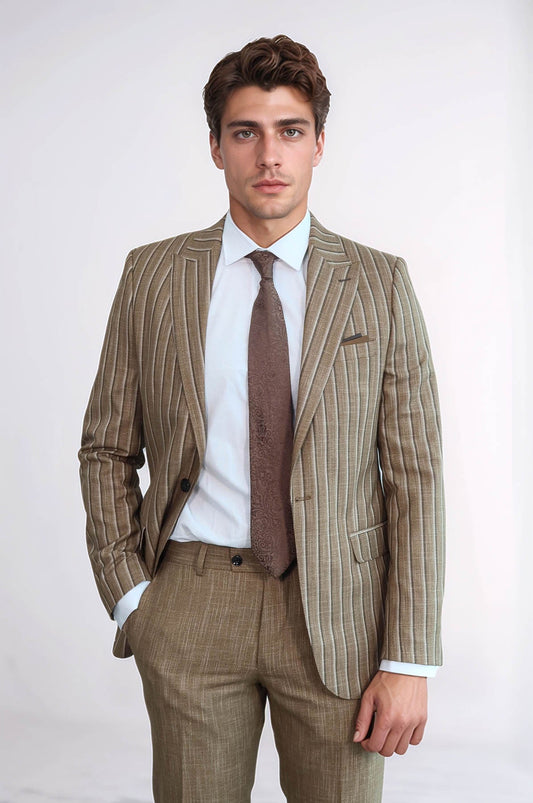 KOALA SYDNEY  Striped Blazer Plain Pants Light Brown Men Suit -