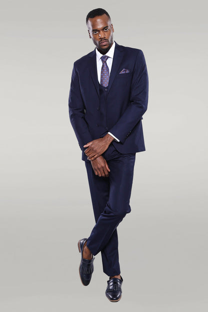 Navy Blue Plain 3-Piece Suit with Vest