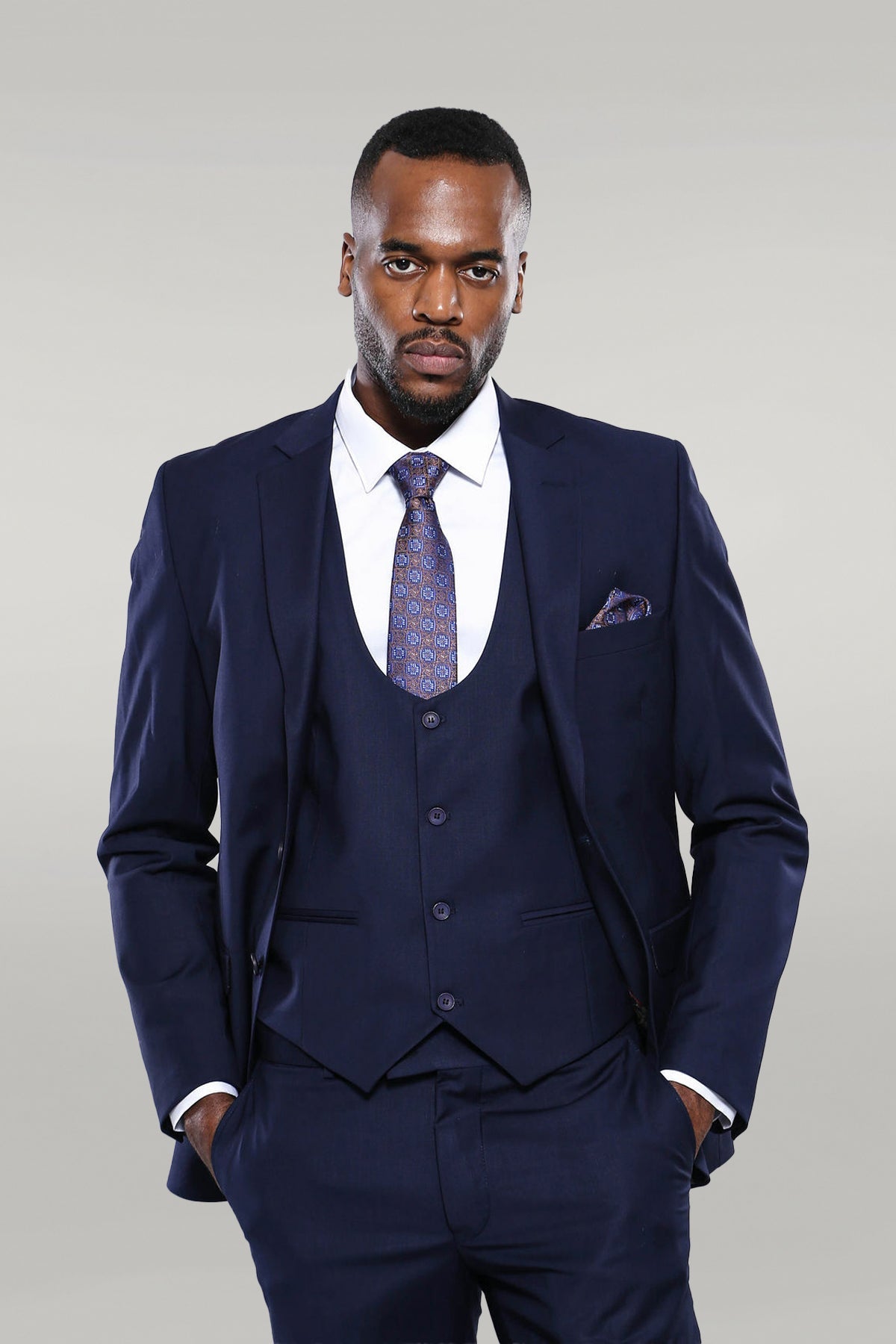 Navy Blue Plain 3-Piece Suit with Vest
