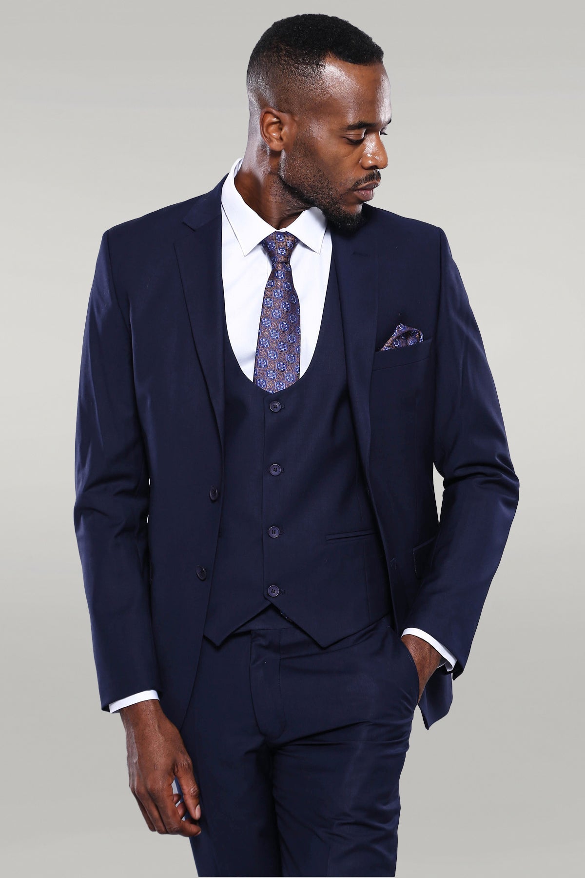 Navy Blue Plain 3-Piece Suit with Vest