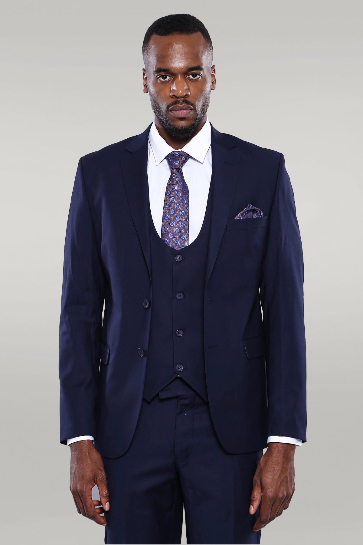 Navy Blue Plain 3-Piece Suit with Vest