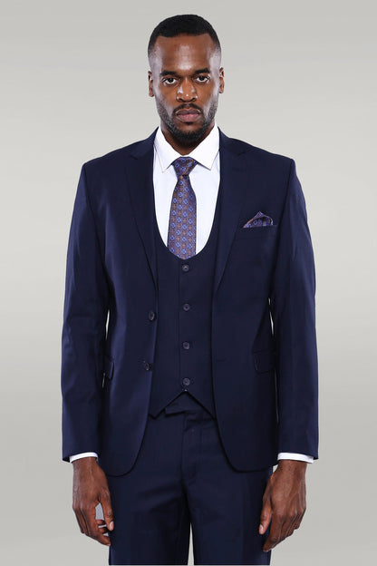 Navy Blue Plain 3-Piece Suit with Vest