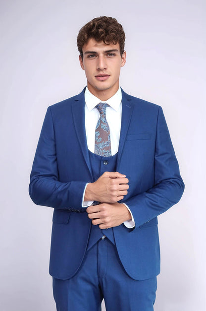 Plain Vested Navy Blue Men's Suit