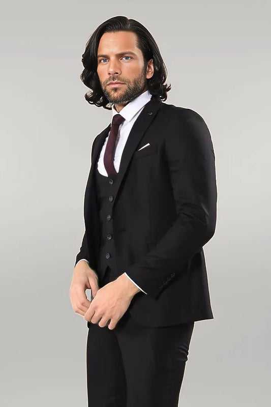 KOALA SYDNEY  Notch Lapel Slim Fit Single Button Black Suit |