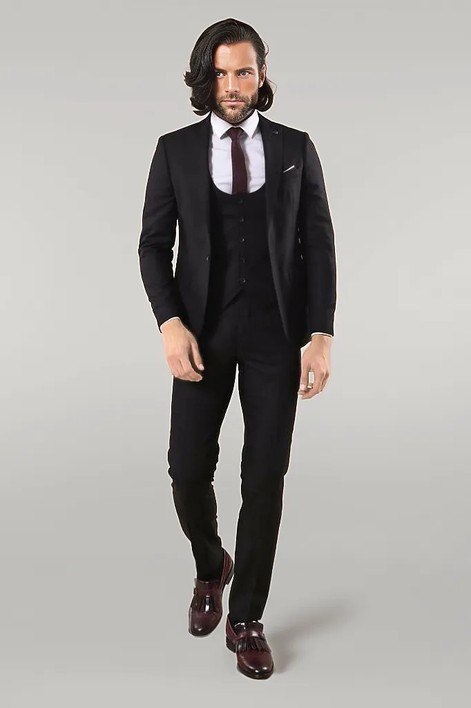 KOALA SYDNEY  Notch Lapel Slim Fit Single Button Black Suit |