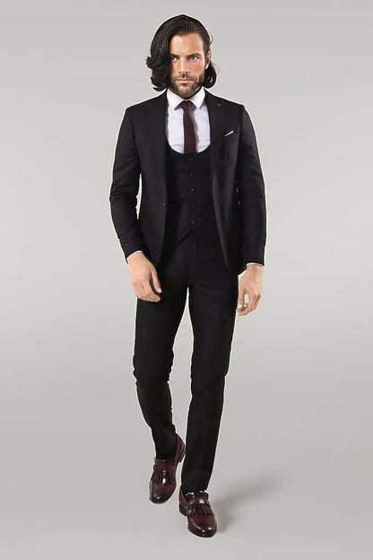 KOALA SYDNEY  Notch Lapel Slim Fit Single Button Black Suit |