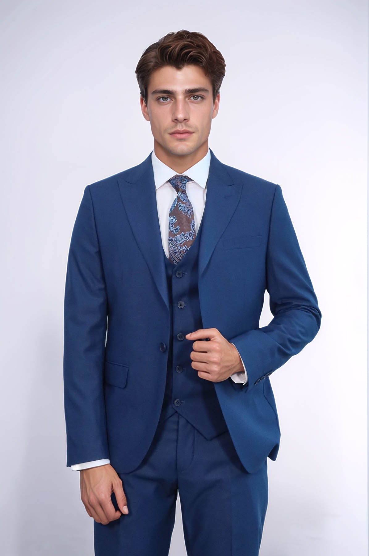 Blue Men's Plain Suit with Vest - Wessi