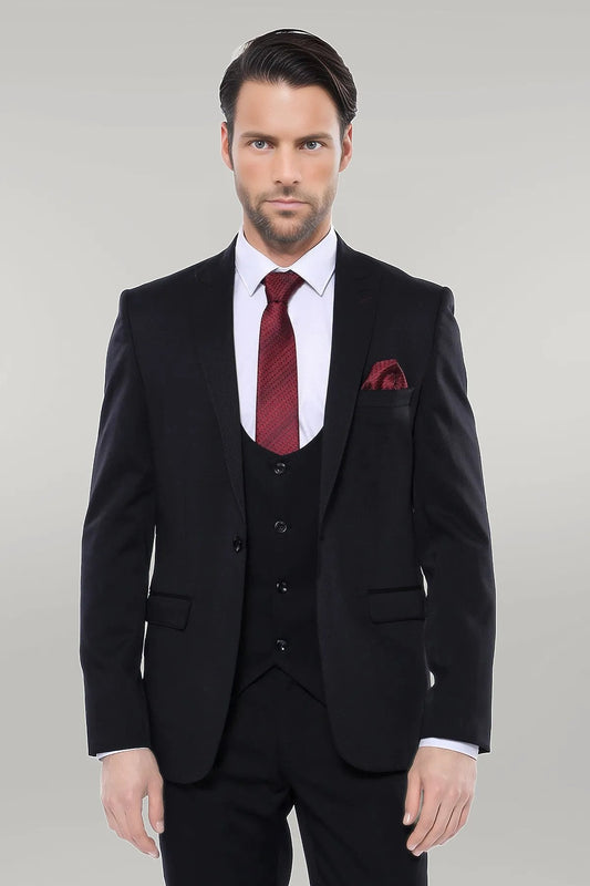 Patterned Black Vested Suit -
