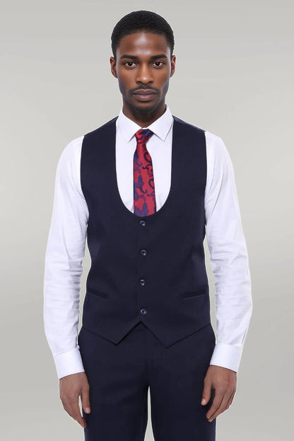 Patterned Navy Blue Vested Suit