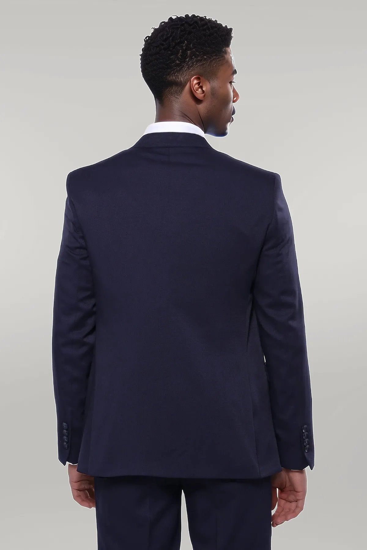 Patterned Navy Blue Vested Suit
