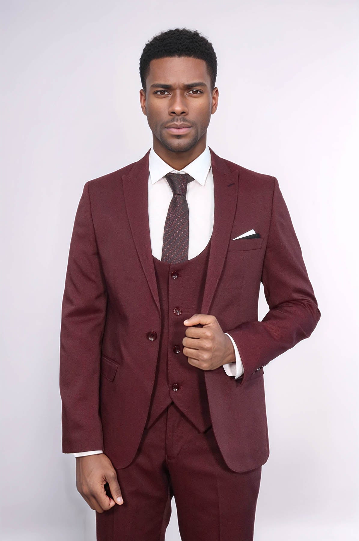 Patterned Claret Red Vested Suit