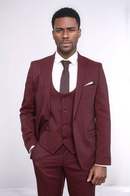 Patterned Claret Red Vested Suit
