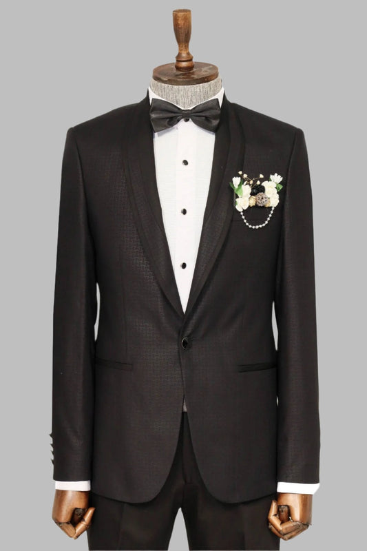 KOALA SYDNEY  Shawl Lapel Patterned Black Men Wedding Suit |