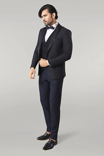 Dot Patterned Vested Dark Blue Wedding Suit - Wessi