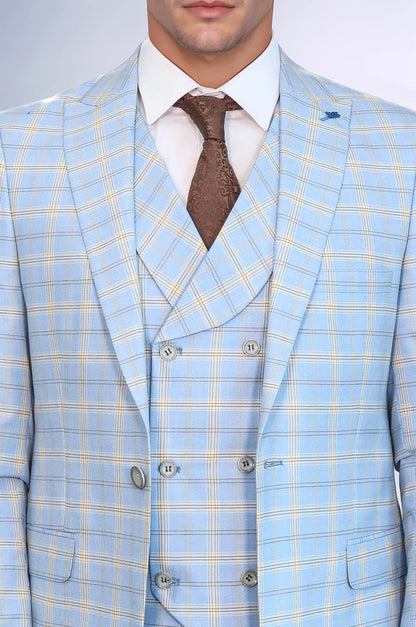 Baby Blue Checked Three Pieces Of Suit
