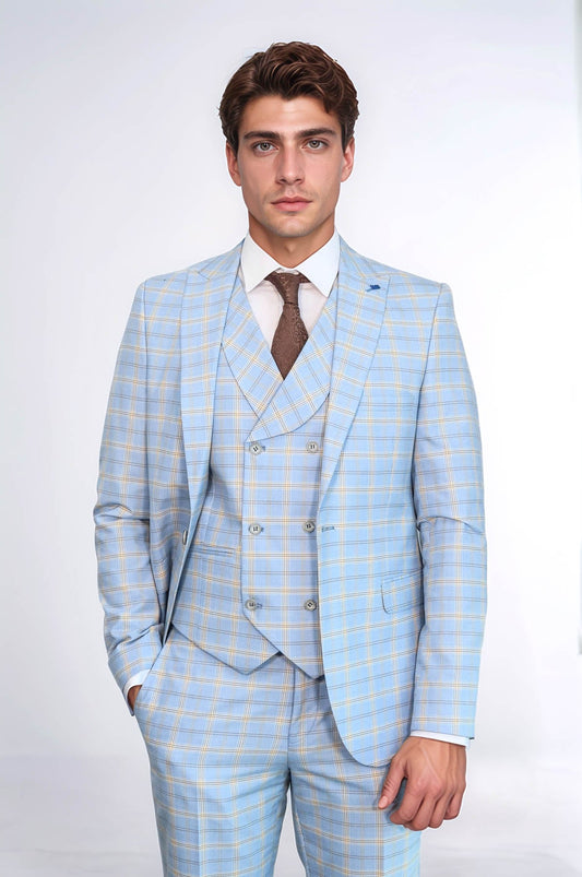 Baby Blue Checked Three Pieces Of Suit