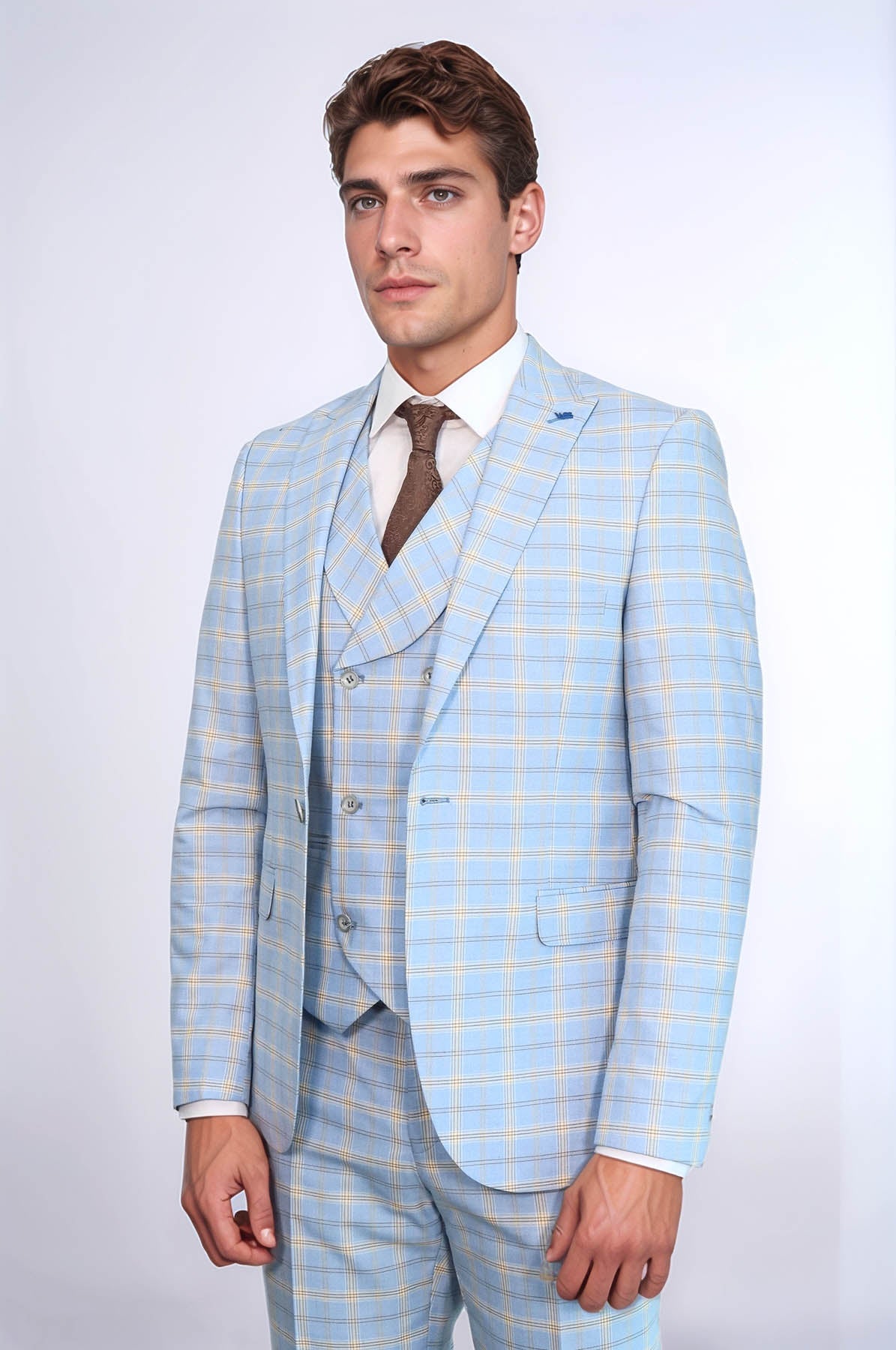 Baby Blue Checked Three Pieces Of Suit