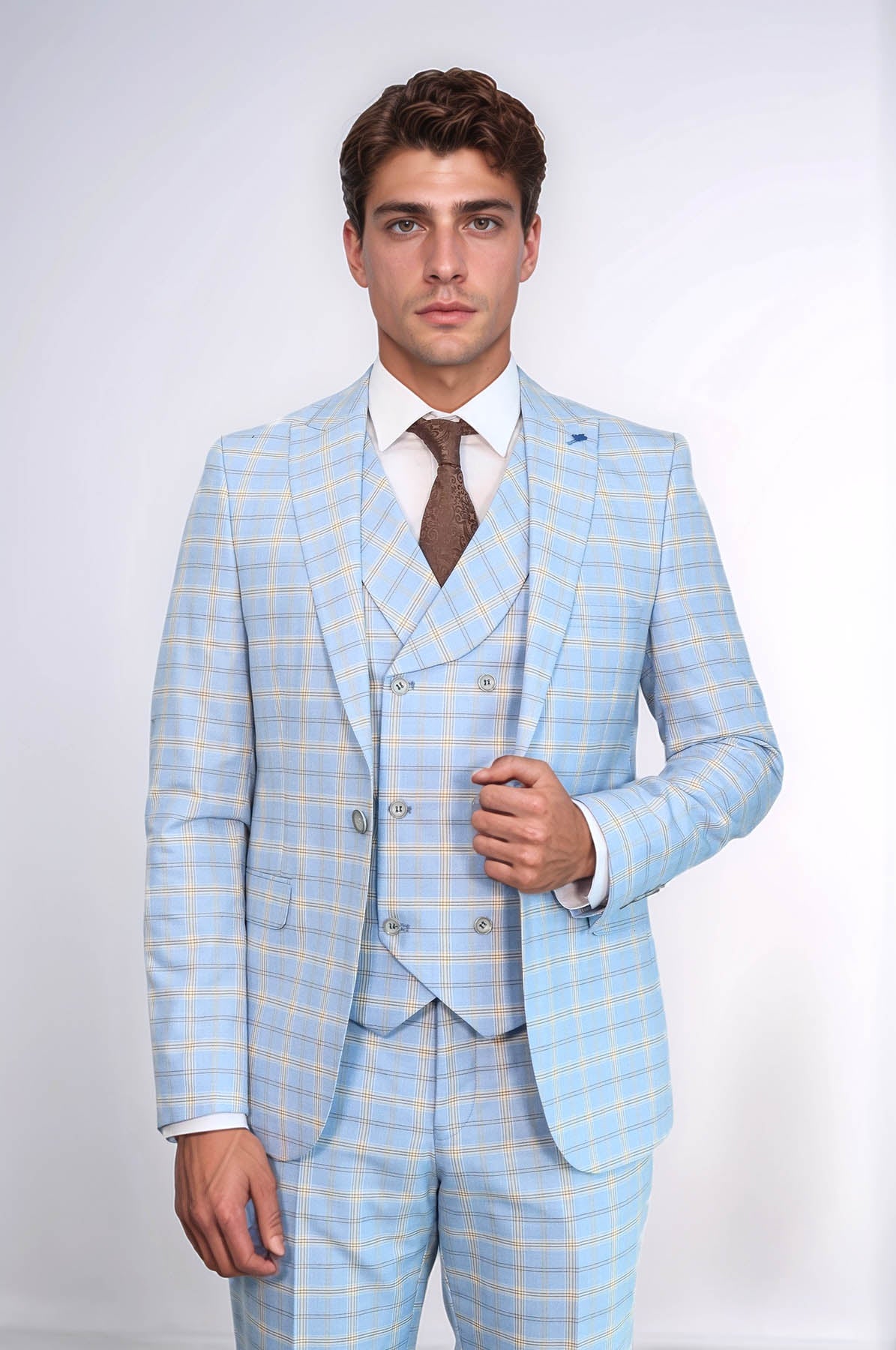 Baby Blue Checked Three Pieces Of Suit