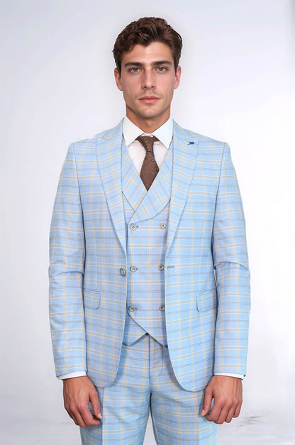 Baby Blue Checked Three Pieces Of Suit