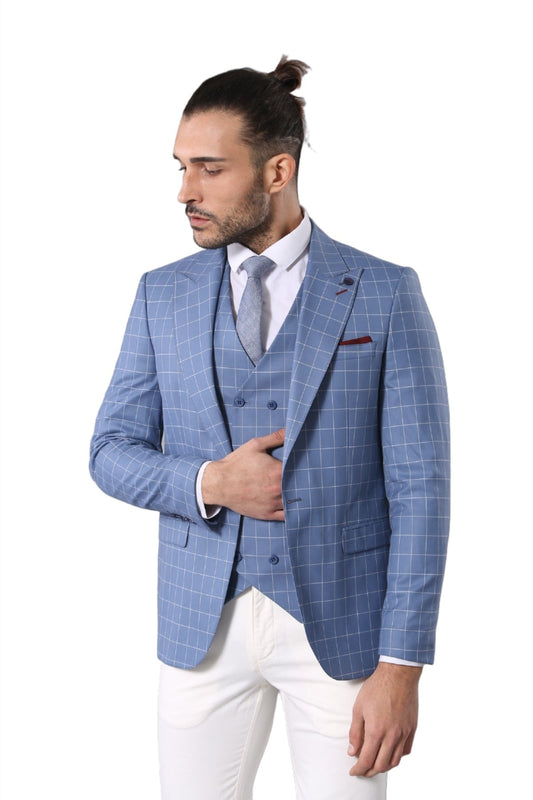 KOALA SYDNEY  Single Button Pointed Collar Plaid Suit Vest Light Blue Suit-