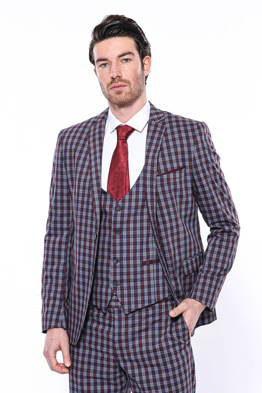 KOALA SYDNEY  2 Button Mono Collar Plaid Suit Vest Burgundy Suit-