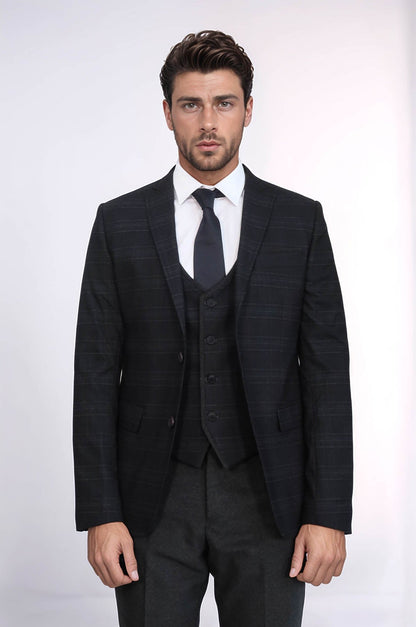 KOALA SYDNEY  Plaid 3 Piece Black Suit |